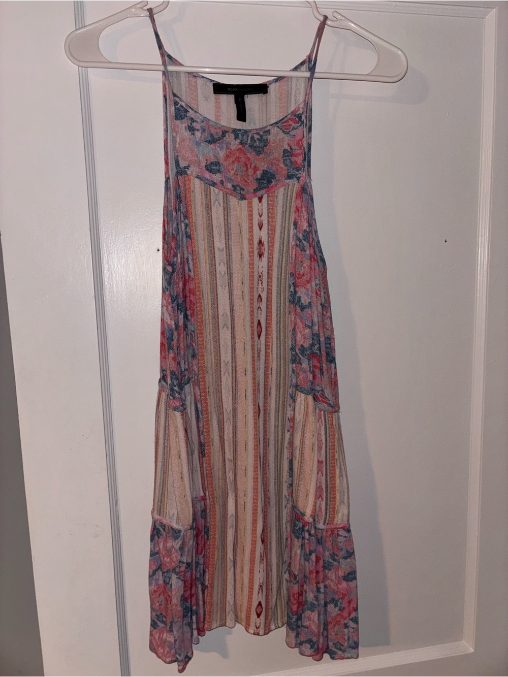 BCBGMaxAzria Pink Multi Floral-Striped Spaghetti-Strap Maxi Dress